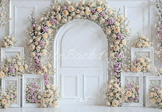 Kate Spring Flower Arch White Wall Frames Pastel Roses Printed Backdrop Designed by Mini MakeBelieve