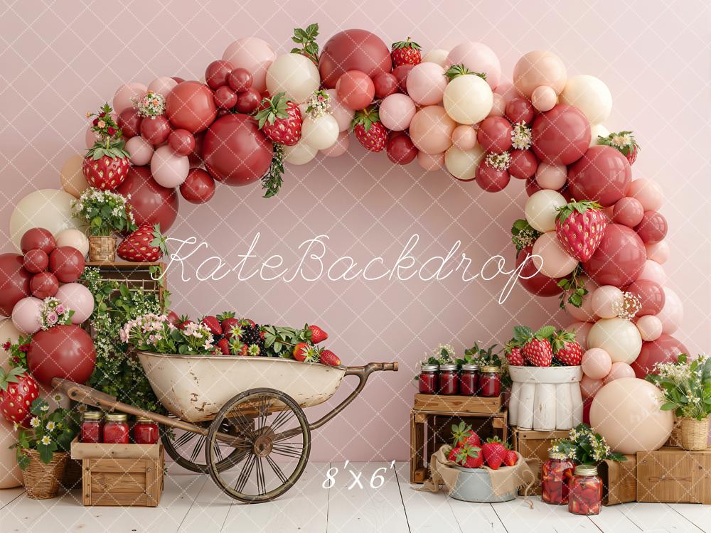 Kate Summer Strawberry Balloon Arch Wheelbarrow Crates Printed Backdrop Designed by Emetselch