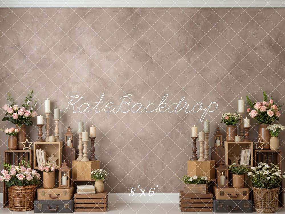 Kate Vintage Flowers Candles Wooden Crates Brown Printed Backdrop Designed by Mini MakeBelieve