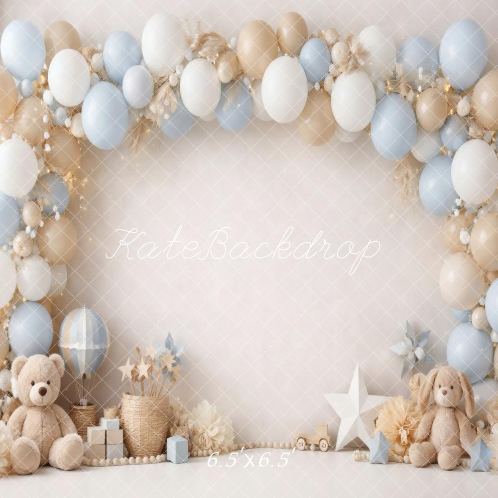 Kate Cake Smash Balloon Arch Teddy Bear Blue Beige Nursery Printed Backdrop Designed by Vertigo Productions