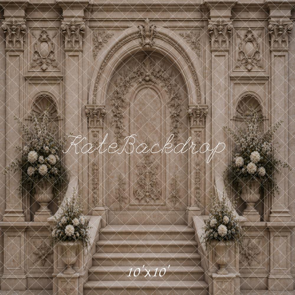 Kate Retro Architecture Cascading Stairs Beige Arch Floral Printed Backdrop Designed by Vertigo Productions