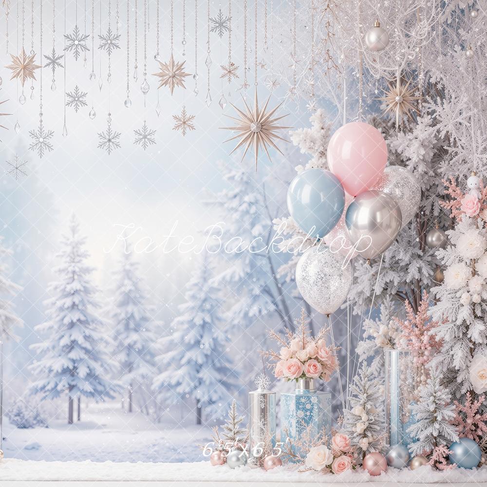 Kate Christmas Snowy Trees Balloons Ornaments Printed Backdrop Designed by Shutter Swan Studios