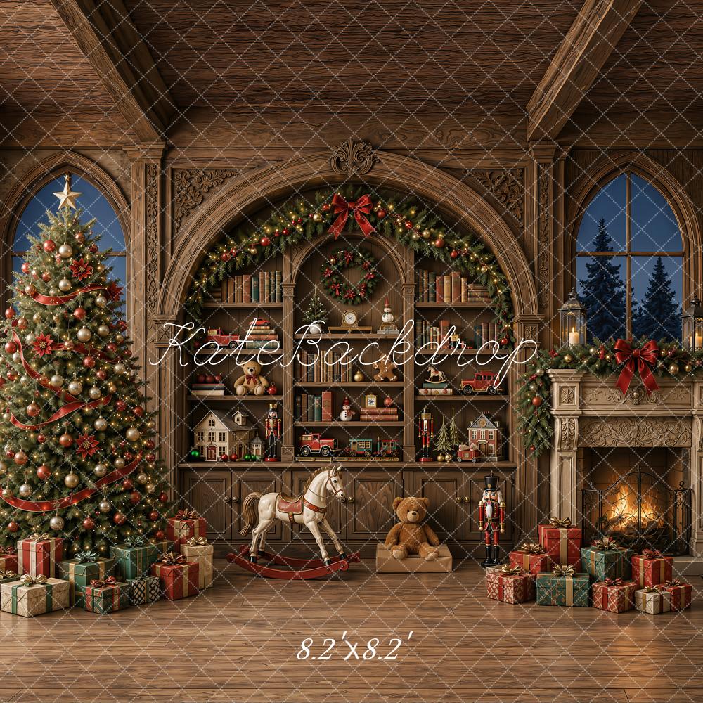 Kate Christmas Tree Toys Room Vintage Wood Wall Fireplace Gifts Printed Backdrop Designed by Emetselch