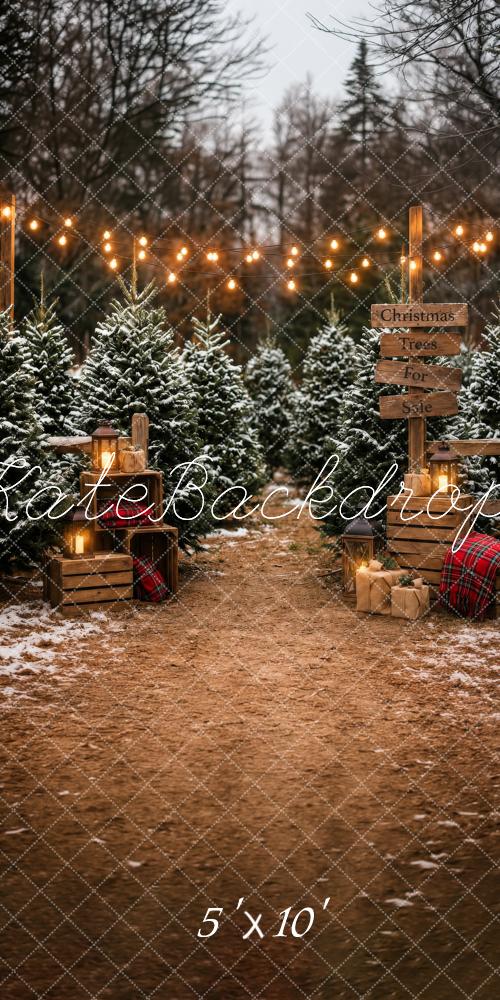 Kate Sweep Christmas Tree Farm Snowy String Lights Printed Backdrop Designed by Happy Squirrel Design