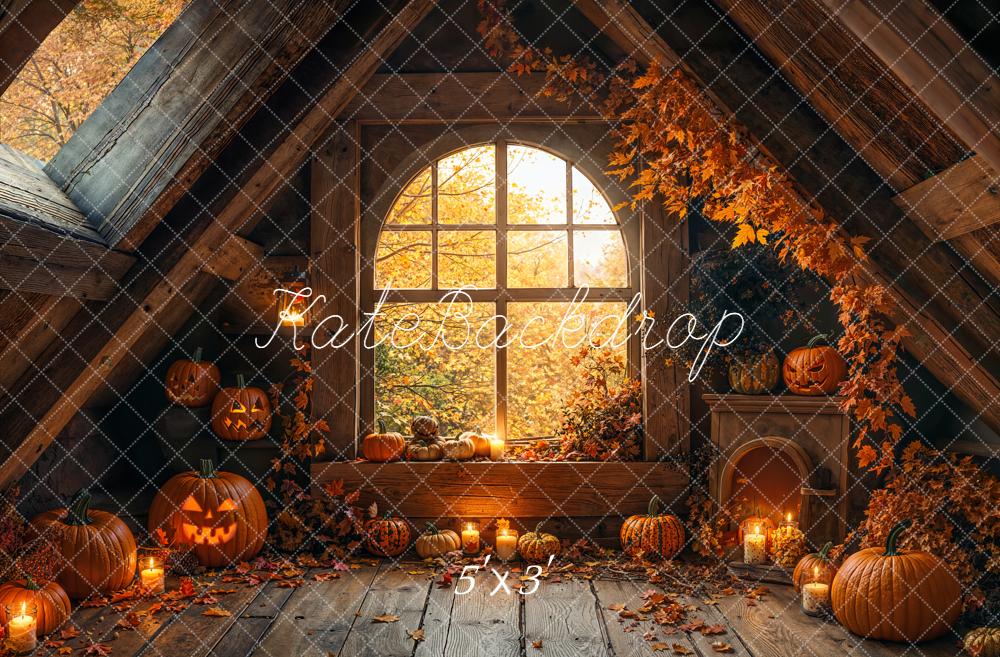 Kate Halloween Attic Arched Window Pumpkins Candles Backdrop Designed by Emetselch