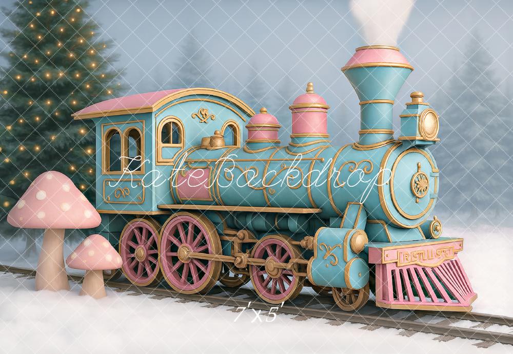 Kate Winter Polar Train Pink Mushroom Snow Backdrop Designed by Ashley Paul