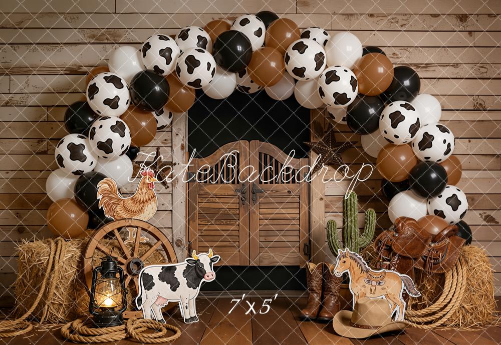 Kate Cake Smash Western Saloon Barn Cow Print Balloon Arch Farm Animals Backdrop Designed by Emetselch