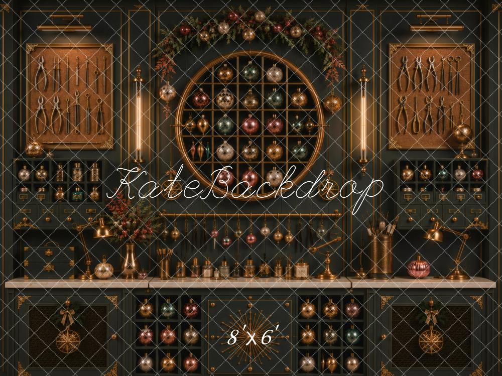 Kate Christmas Dark Cabinet Ornaments Workshop Printed Backdrop Designed by Vertigo Productions