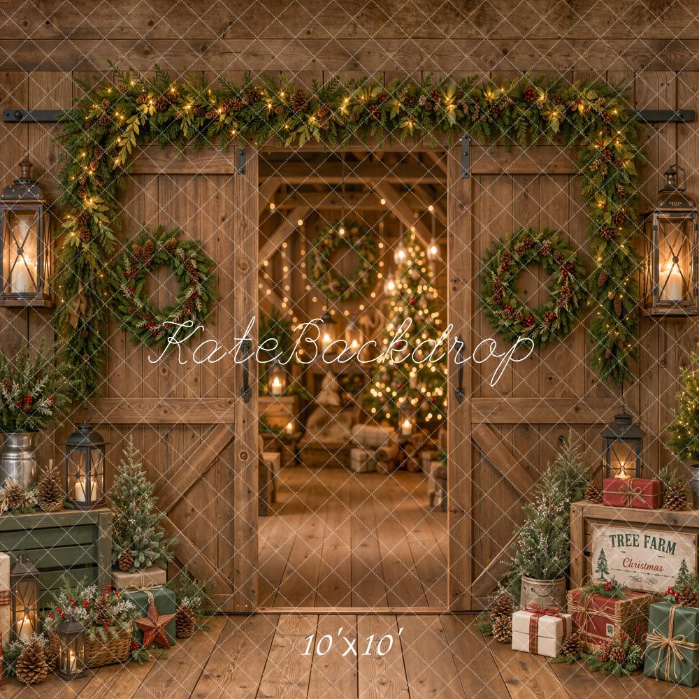 Kate Christmas Rustic Barn Door Garland Wreath Trees Printed Backdrop Designed by Emetselch