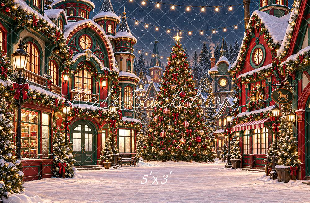 Kate Christmas Night Snowy Village Victorian Shop Christmas Tree Lights Printed Backdrop Designed by Angela Miller