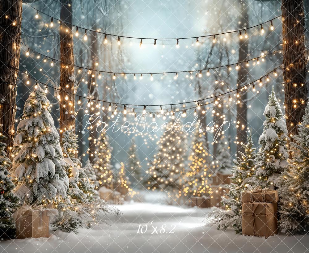 Kate Christmas Snowy Forest String Lights Trees Backdrop Designed by Emetselch