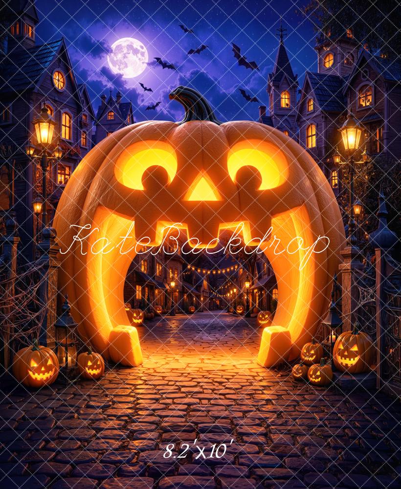 Kate Halloween Trunk or Treat Pumpkin Arch Haunted Village Cobblestone Printed Backdrop Designed by Mini MakeBelieve