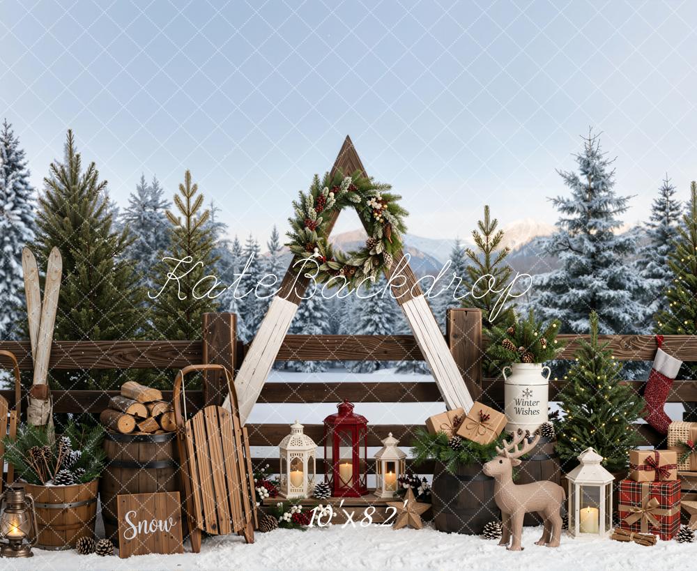 Kate Christmas Winter Outside Skis Sleds Wreath Snow Printed Backdrop Designed by Emetselch