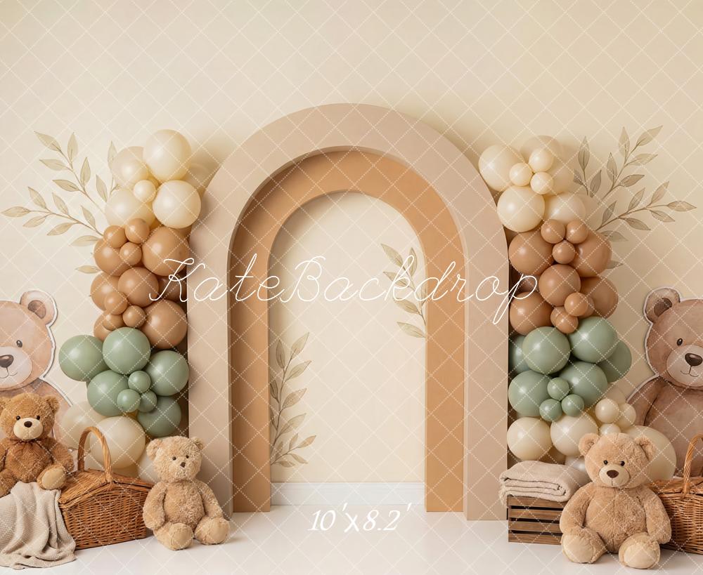 Kate Cake Smash Teddy Bear Balloon Arch Basket Beige Printed Backdrop Designed by Patty Roberts