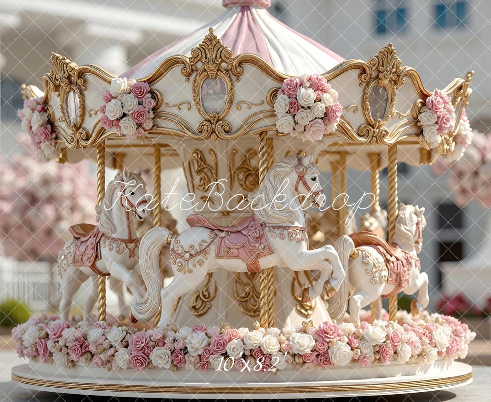 Kate Carousel Pink Floral Roses Horses Backdrop Designed by Mini MakeBelieve