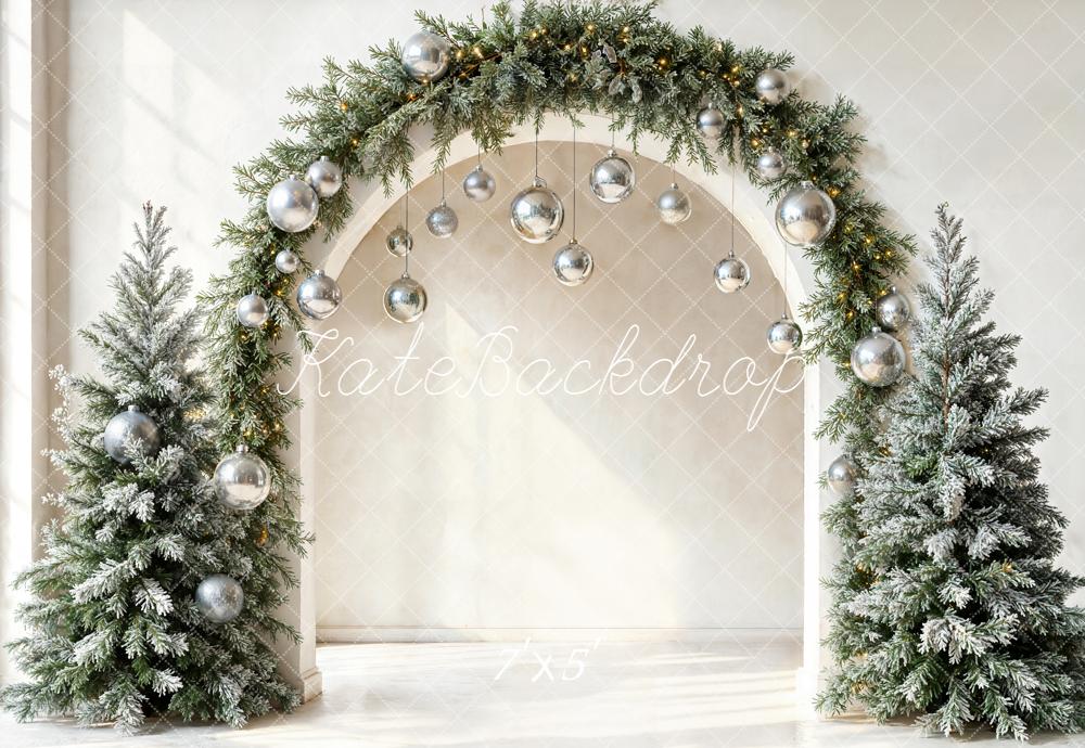 Kate Christmas Pine Arch Silver Ornaments Frosted Trees Backdrop Designed by Emetselch