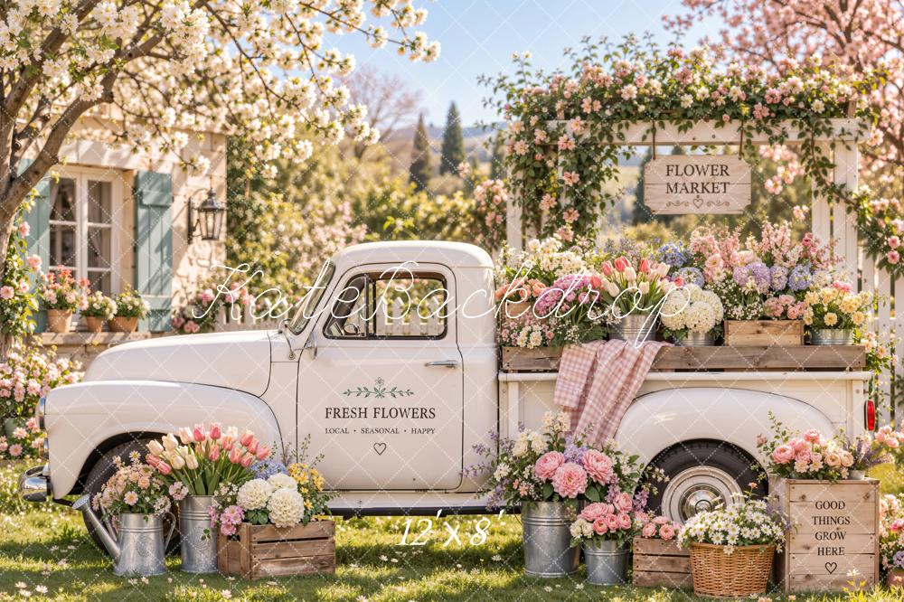 Kate Spring White Truck Flower Market Garden Printed Backdrop Designed by Emetselch