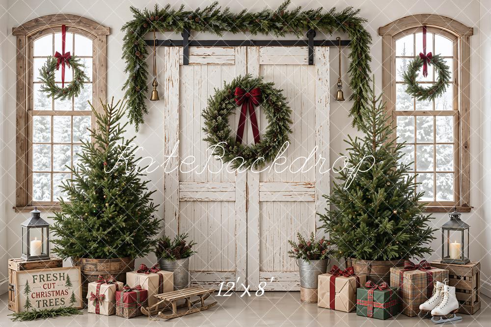 Kate Christmas White Barn Door Trees Wreath Sled Lantern Printed Backdrop Designed by Emetselch