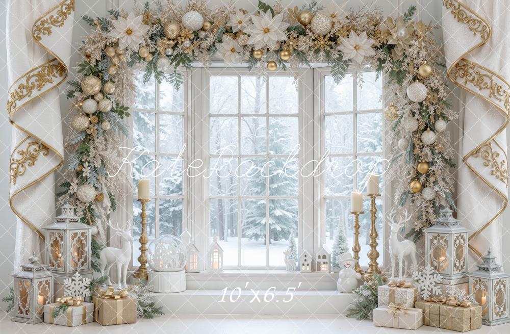 Kate Christmas White Gold Floral Window Arch Printed Backdrop Designed by Mini MakeBelieve