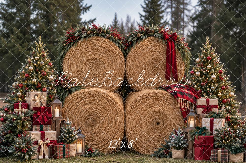 Kate Christmas Hay Bale Christmas Trees Red Bow Woodland Printed Backdrop Designed by Emetselch