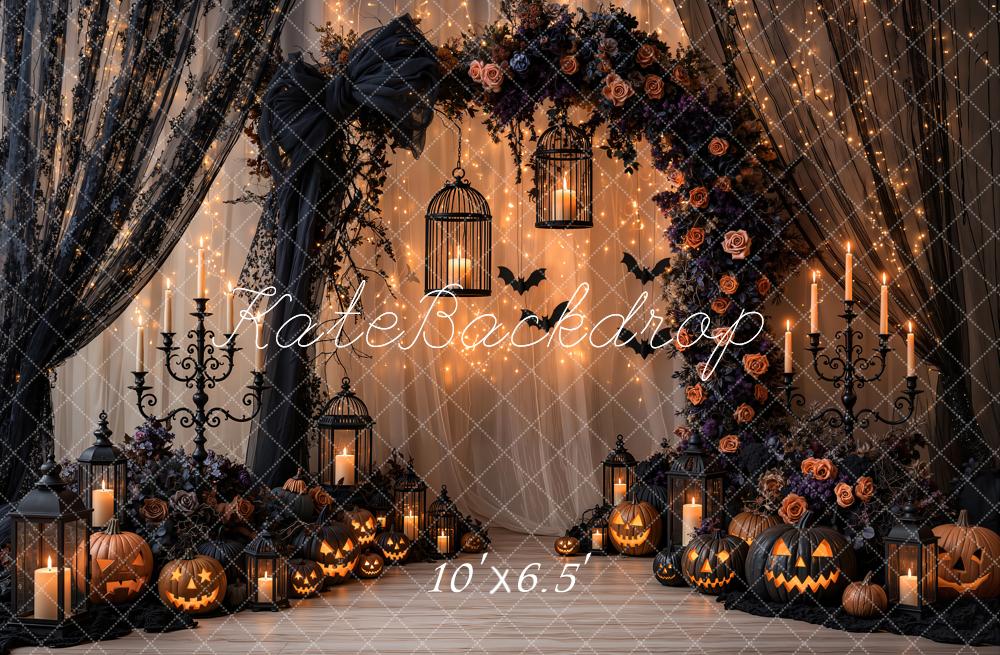 Kate Halloween Gothic Black Lace Curtains Bow Flower Arch Pumpkin Printed Backdrop Designed by Emetselch