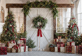 Kate Christmas Trees White Barn Door Garland Gifts Printed Backdrop Designed by Emetselch