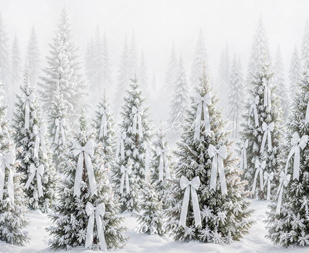 Kate Christmas Snowy Pine Trees White Bows Printed Backdrop Designed by Emetselch