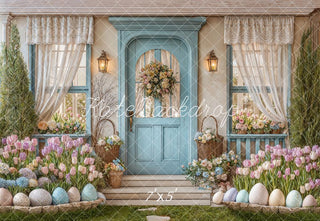 Kate Easter Pastel Eggs Tulips Blue Porch Door Printed Backdrop Designed by Emetselch