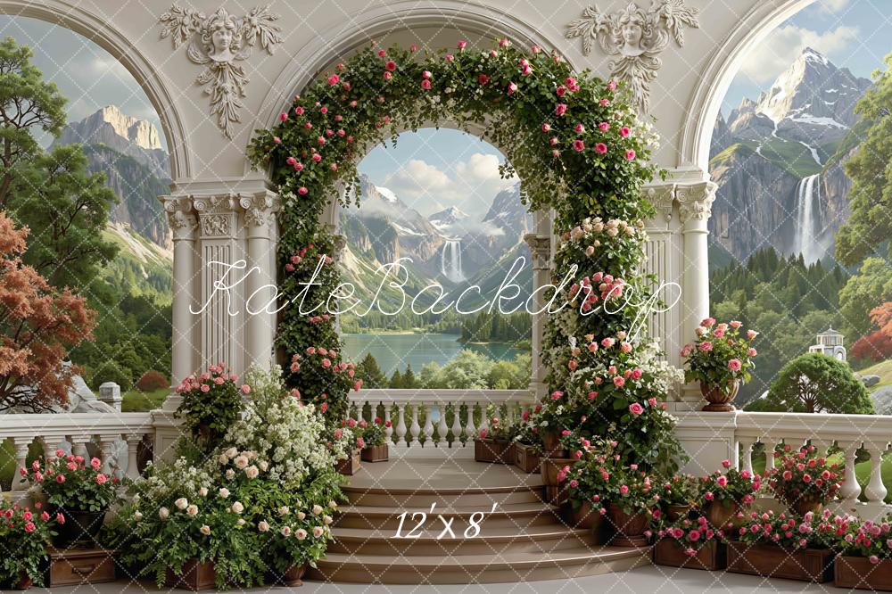 Kate Spring Flower Arch Columns Mountain Waterfall Garden Printed Backdrop Designed by Mini MakeBelieve