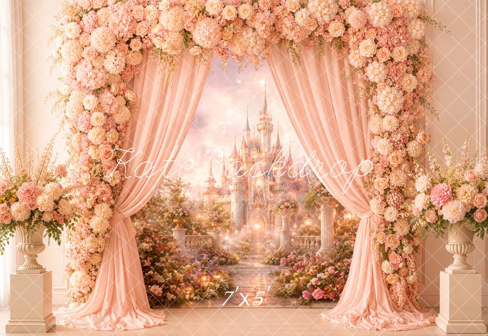 Kate Fairy Fantasy Princess Castle Flower Arch Pink Printed Backdrop Designed by Emetselch