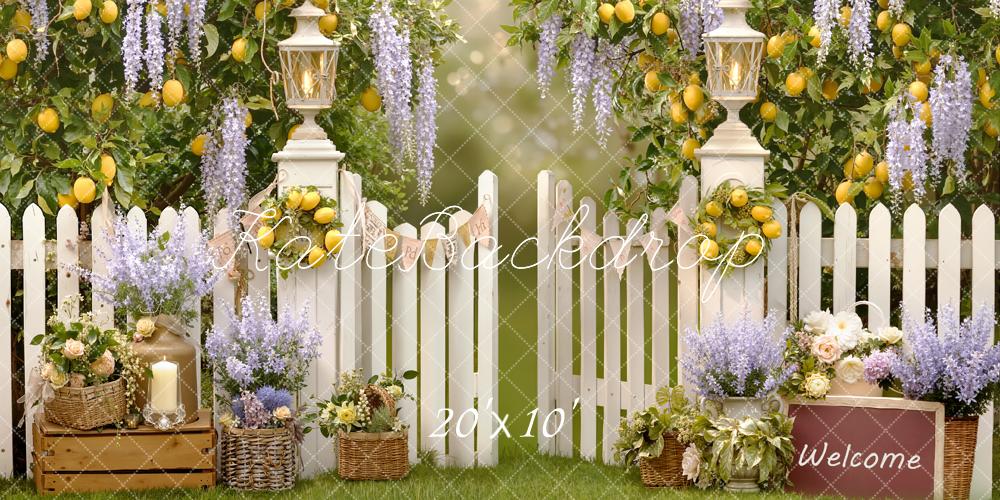 Kate Spring Lemon Tree White Picket Fence Lantern Flowers Backdrop Designed by Emetselch