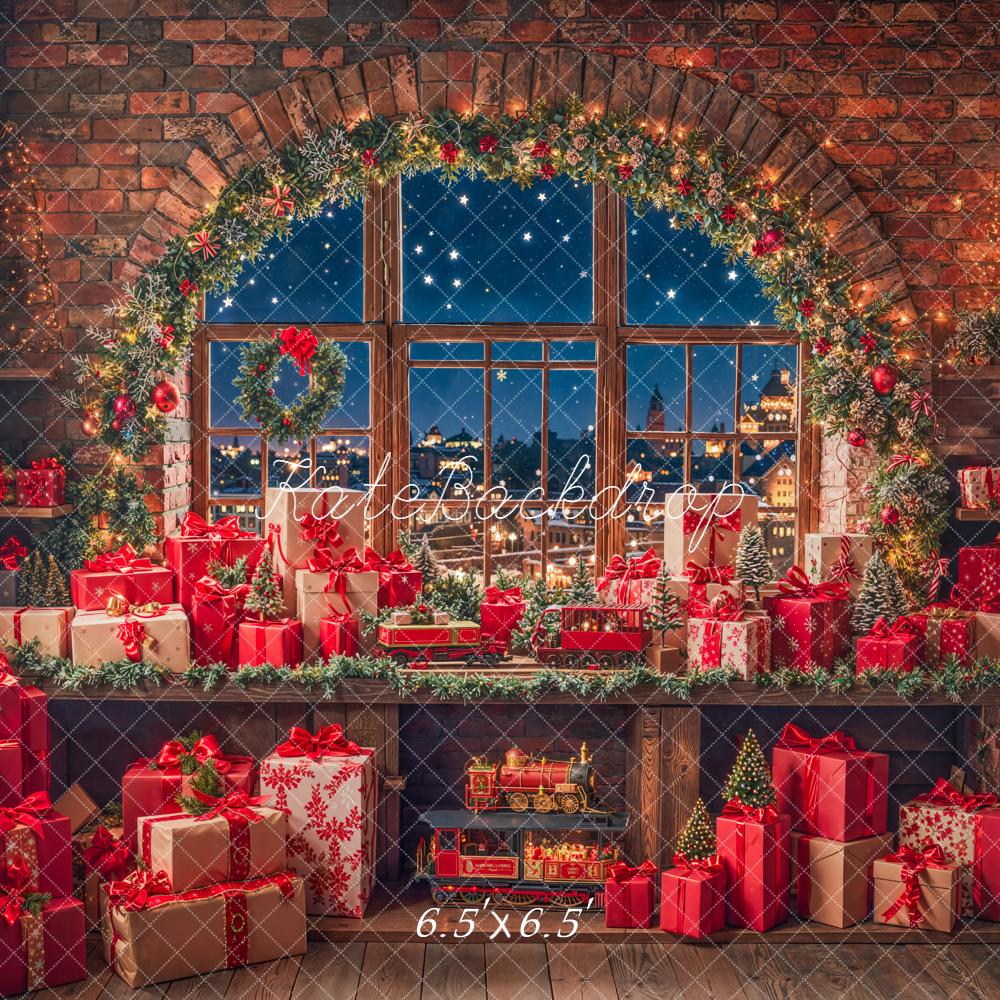 Kate Christmas Gift Room Arched Window Garland Brick Wall Backdrop Designed by Emetselch