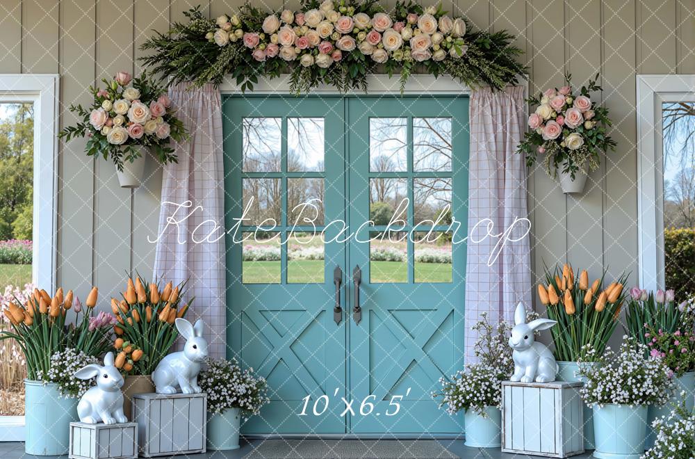 Kate Easter Bunny Blue Door Flower Arrangement Printed Backdrop Designed by Mini MakeBelieve