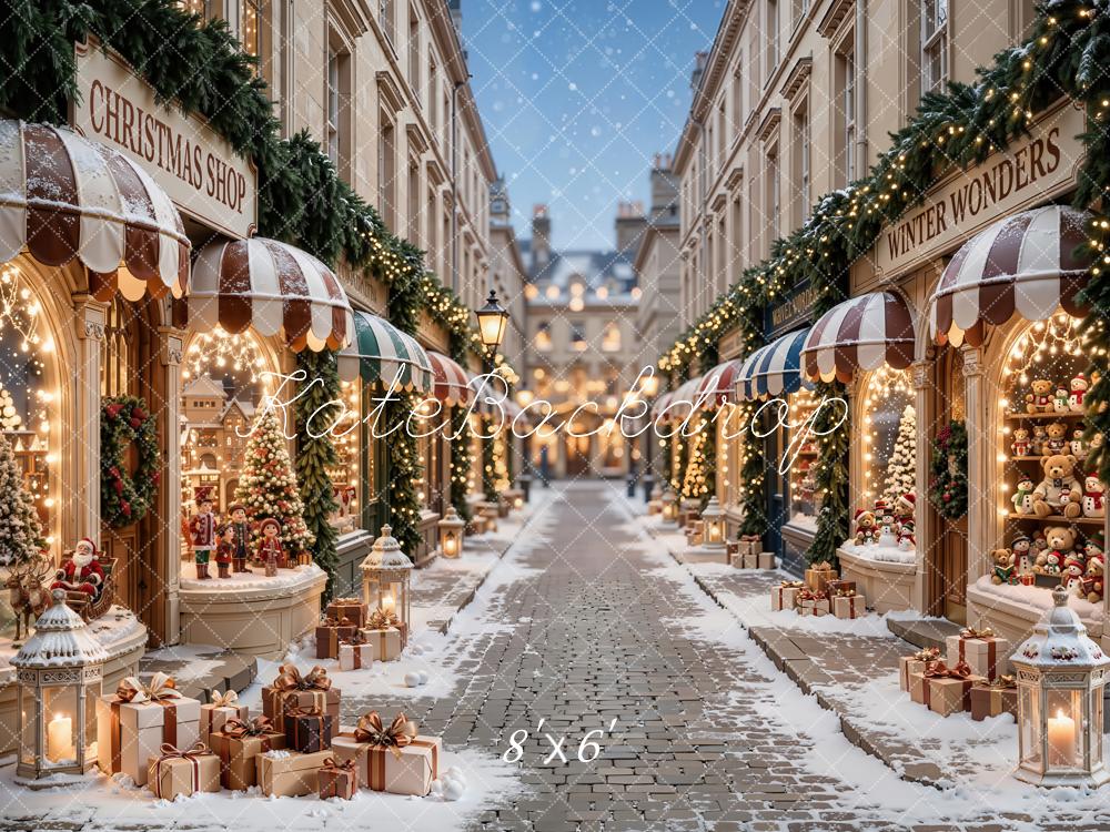 Kate Christmas Shop Snowy Street Gifts Printed Backdrop Designed by Emetselch