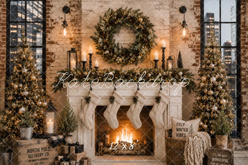 Kate Christmas Urban Fireplace Wreath Stockings Printed Backdrop Designed by Ashley Paul