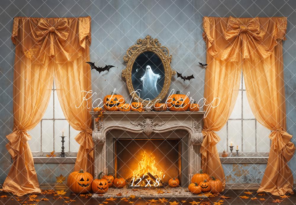 Kate Halloween Pumpkin Fireplace Bow Curtains Ghost Mirror Backdrop Designed by Emetselch