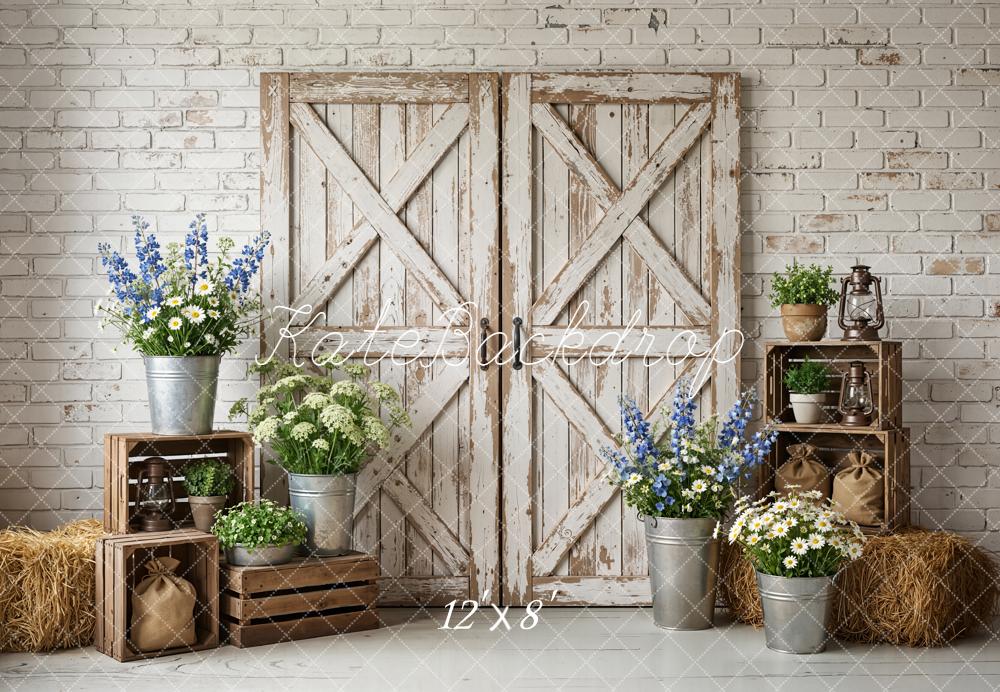 Kate Spring Rustic Barn Doors Crates Flowers Hay White Brick Wall Backdrop Designed by Emetselch