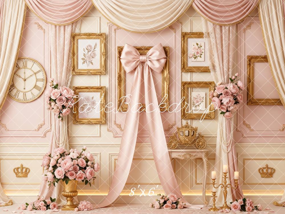 Kate Vintage Pink Bow Curtains Floral Gold Frame Wall Printed Backdrop Designed by Patty Roberts