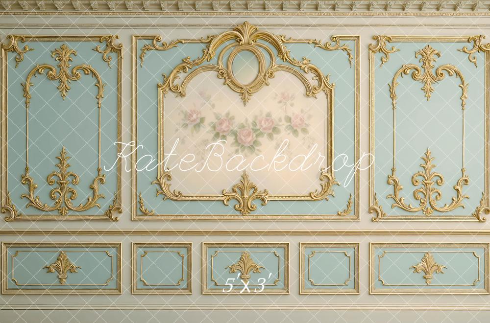 Kate Rococo Blue Vintage Wall Gold Floral Panel Backdrop Designed by Mini MakeBelieve