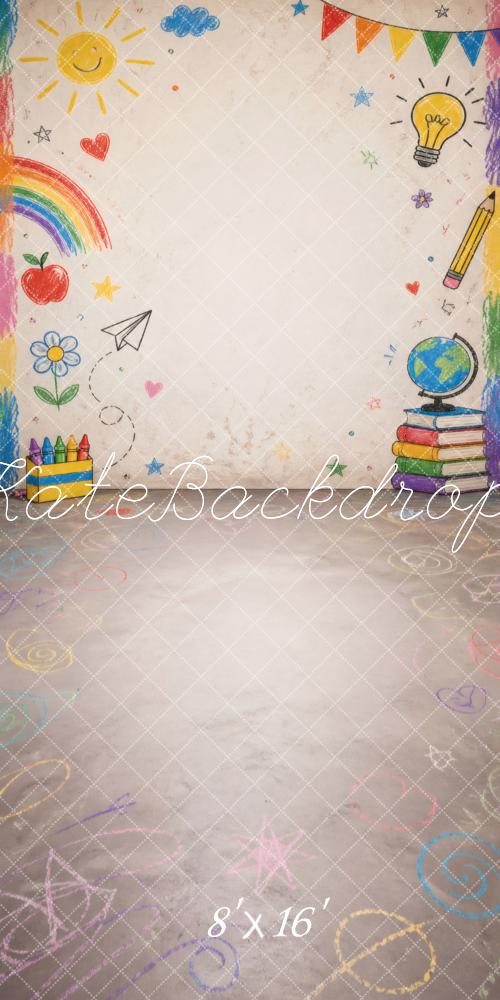 Kate Sweep Back to School Crayon Doodle Rainbow Books Wall Printed Backdrop Designed by Vertigo Productions