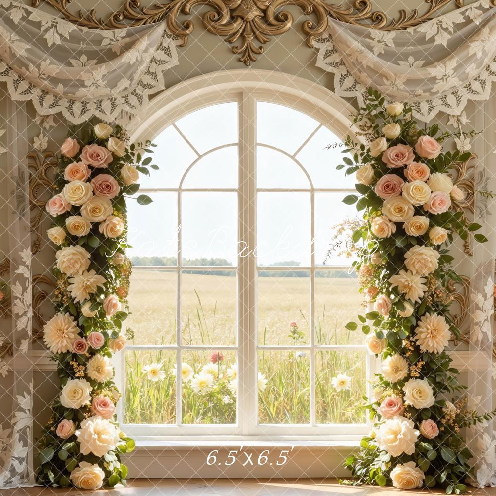 TEST Kate Spring Flower Arch Window Gold Lace Curtains Backdrop Designed by Mini MakeBelieve