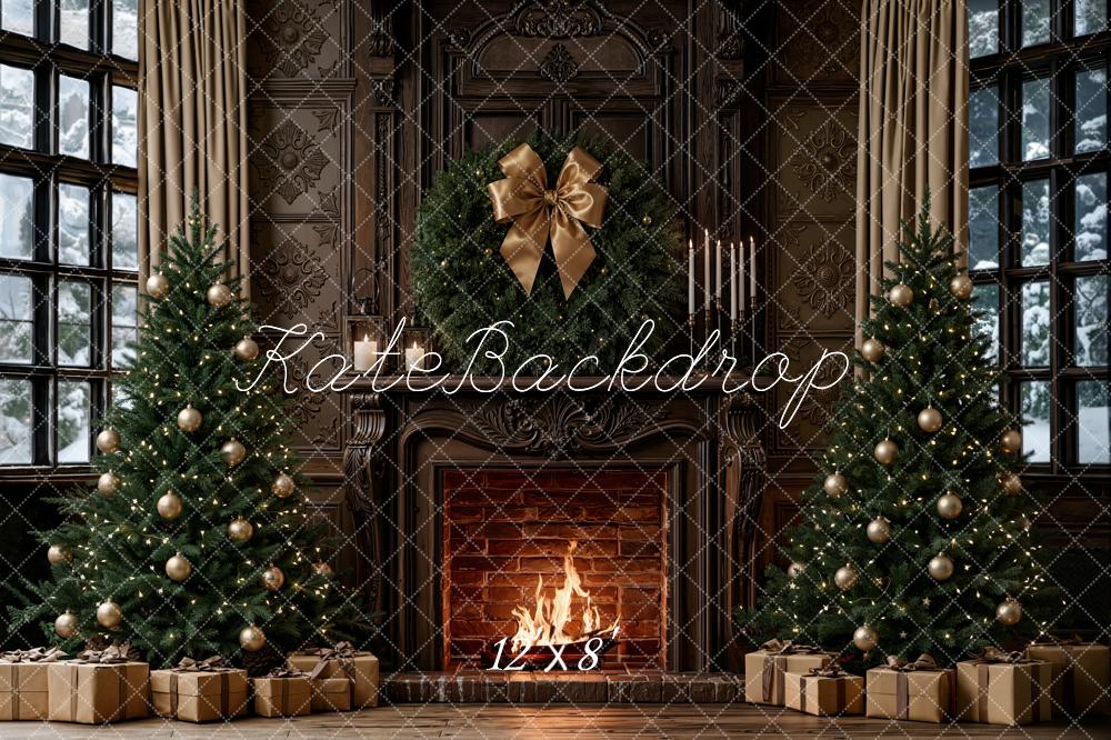 Kate Christmas Retro Brown Fireplace Trees Bow Gifts Printed Backdrop Designed by Emetselch