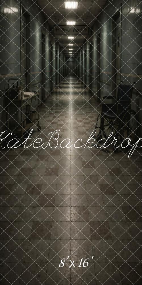 Kate Sweep Halloween Dark Psychiatric Hospital Hallway Wheelchair Printed Backdrop Designed by Vertigo Productions
