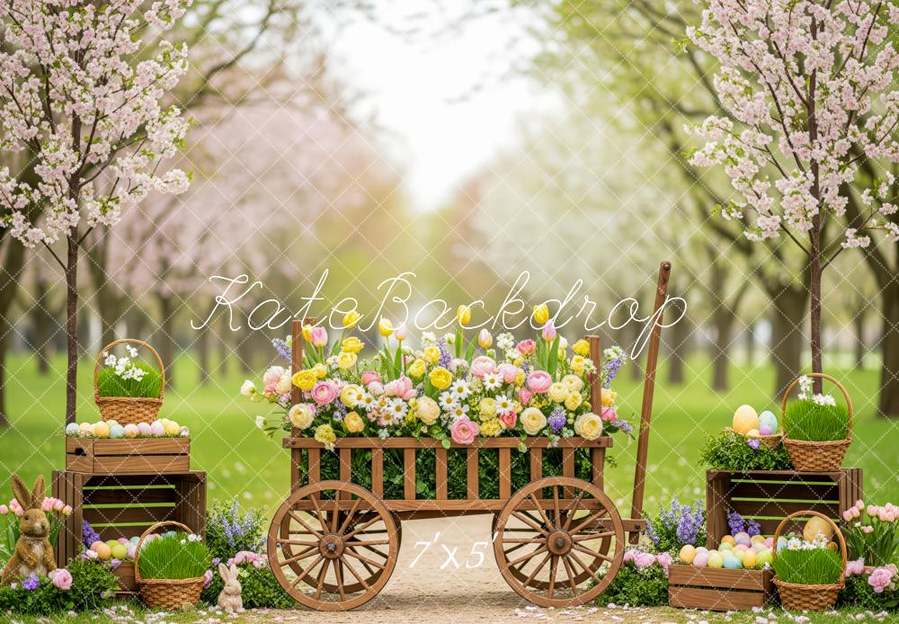 Kate Easter Bunny Flower Cart Blossom Trees Printed Backdrop Designed by Patty Roberts