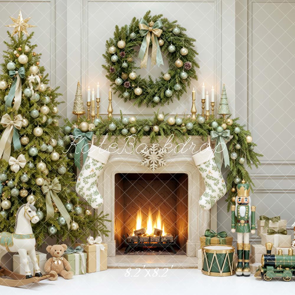 Kate Christmas Tree Fireplace Wreath Green Ribbon Printed Backdrop Designed by Mini MakeBelieve