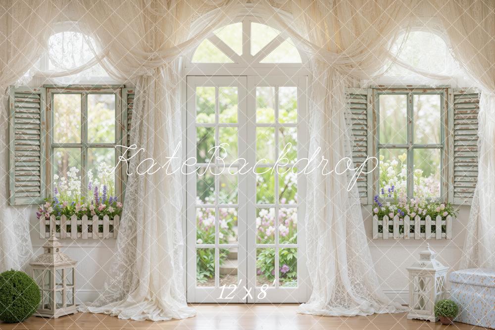 Kate Spring White Drapes Arched French Doors Flower Garden Printed Backdrop Designed by Mini MakeBelieve