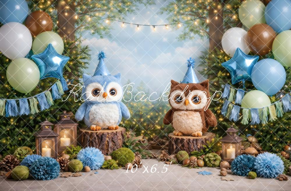 Kate Cake Smash Forest Owls Balloons Lanterns Birthday Party Printed Backdrop Designed by Vertigo Productions