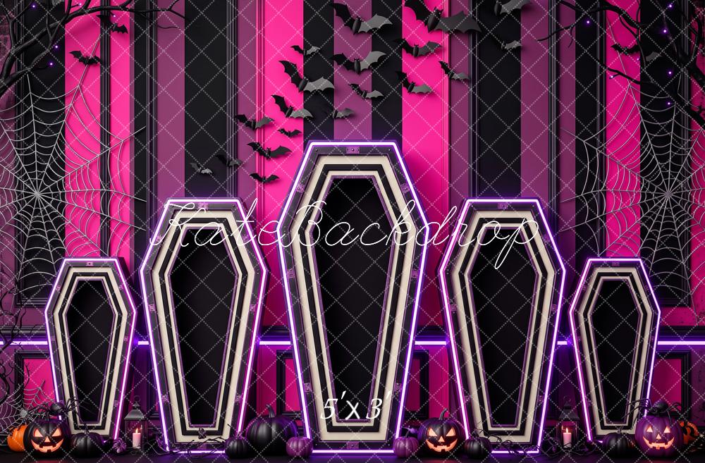 Kate Halloween Neon Coffins Bats Cobwebs Pink Black Printed Backdrop Designed by Patty Roberts
