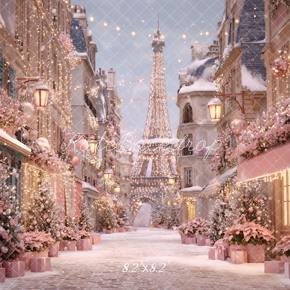 Kate Christmas Paris Eiffel Tower Pink Floral Snowy Street Backdrop Designed by Ashley Paul