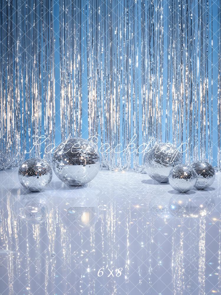 Kate Disco Silver Balls Tinsel Curtain Blue Printed Backdrop Designed by Emetselch